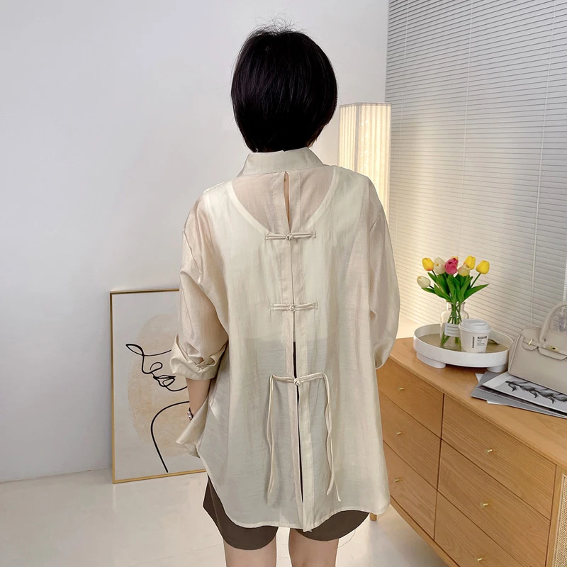 诗想 常熟新中式中长款天丝衬衫女宽松长袖衬衣夏季透气防晒衣