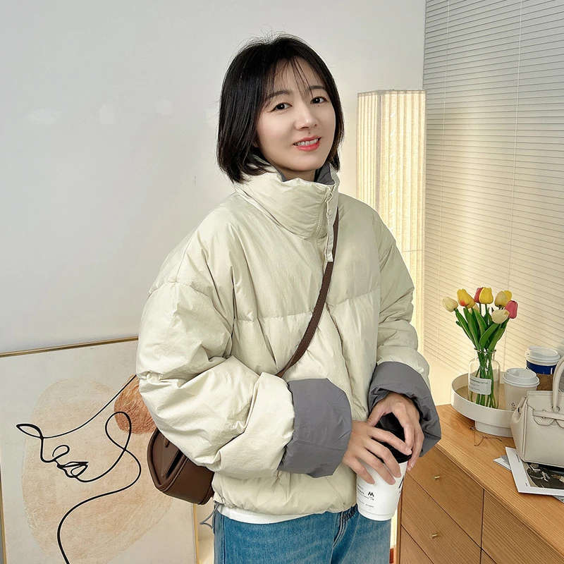 诗想 双面撞色羽绒服女短款显高韩版宽松面包服冬季加厚保暖外套