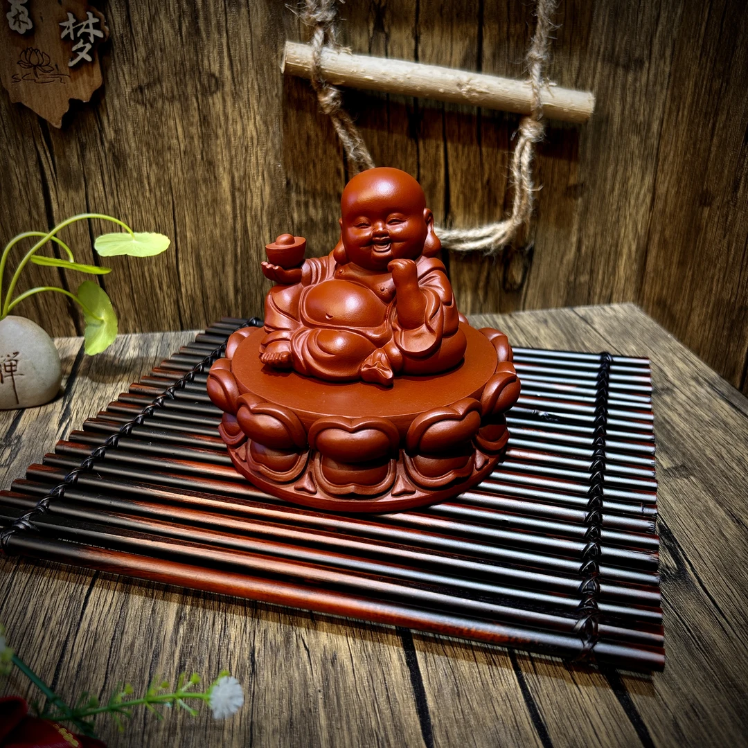紫砂茶宠大红袍朱泥弥勒佛纯手工制作