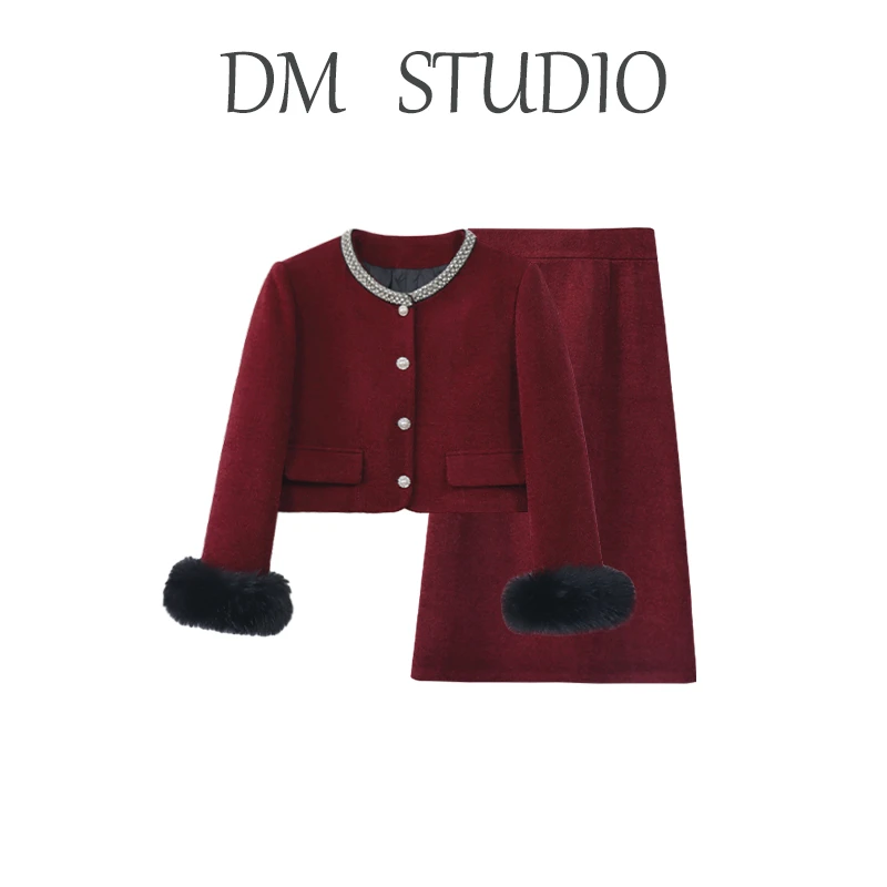 DM16833【富家大小姐】法式名媛气质复古高腰红色套装小香风