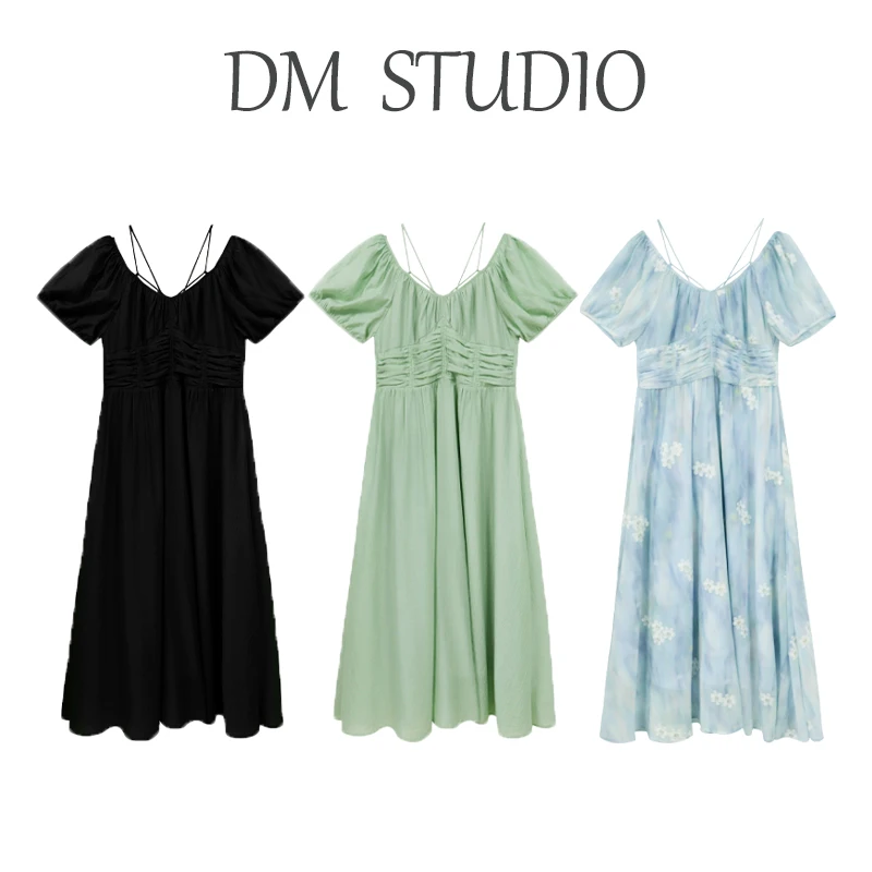 DM19961蛋妹大码微胖夏季女装泡泡袖胖mm遮肉A字裙连衣裙