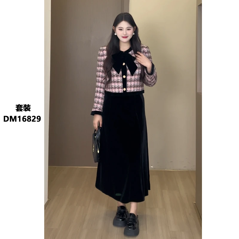 DM16829【甜梦约会】格纹毛呢简约高级拉升腰线温柔遮胯时尚套装