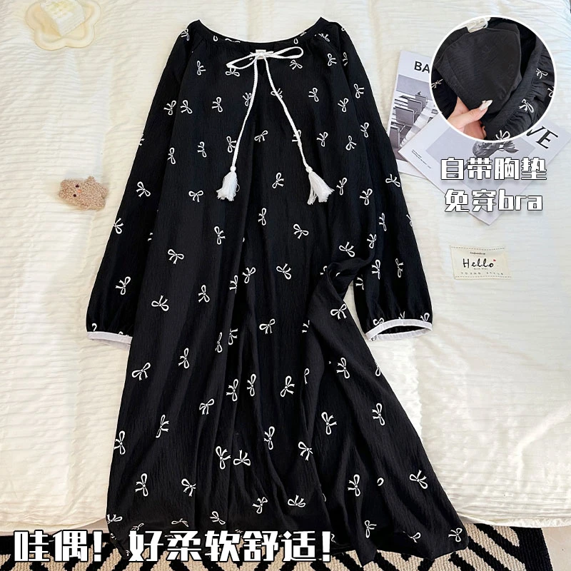 带胸垫一体睡裙女春秋季2025新款网红甜美蝴蝶结外穿家居服睡衣冬