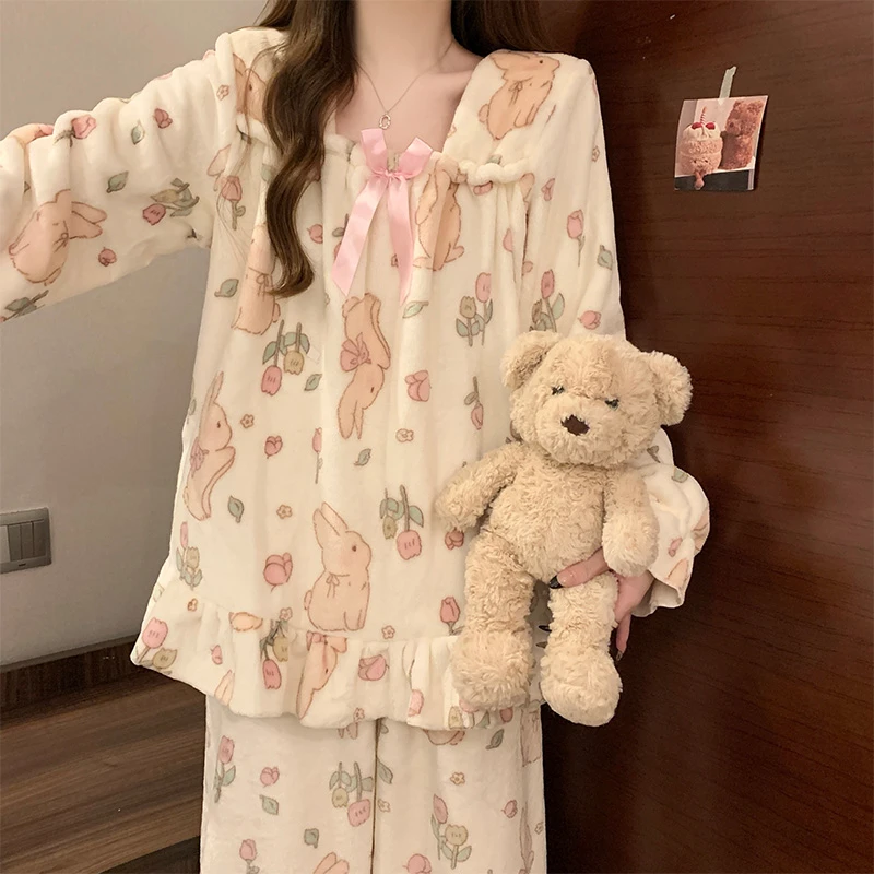 珊瑚绒睡衣女款秋冬季可爱小兔子加厚法兰绒2025年新款冬天家居服