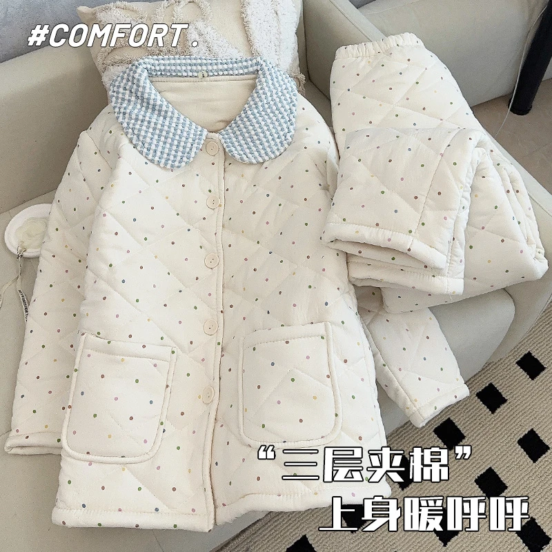 2025秋冬季三层夹棉珊瑚绒家居服套装温柔风圆点法兰绒开衫睡衣女