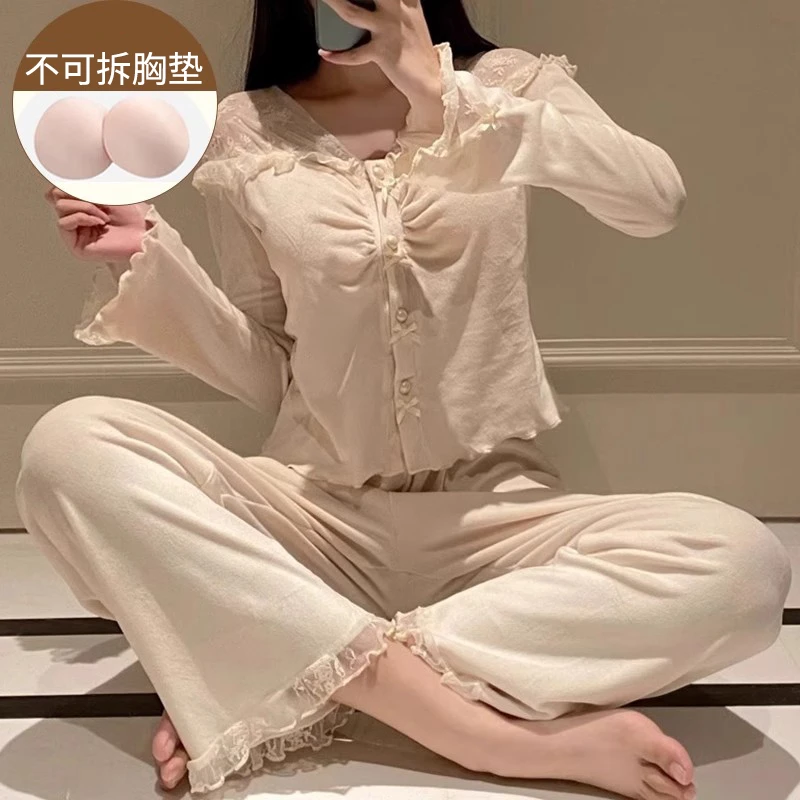 带胸垫睡衣女秋冬季海岛绒2025新款蕾丝小香风纯欲高级性感家居服