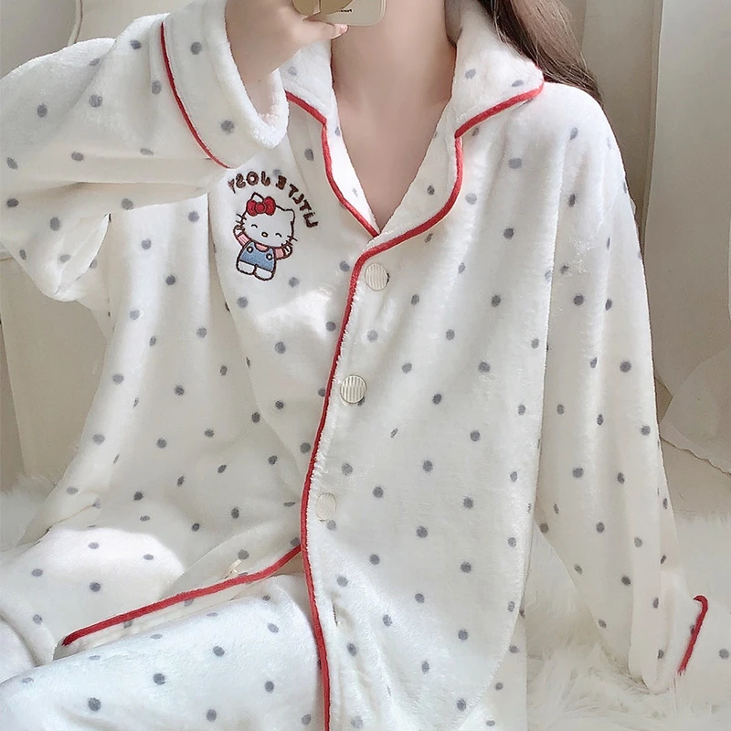 kitty猫珊瑚绒睡衣女2024秋季新款加厚保暖法兰绒家居服套装