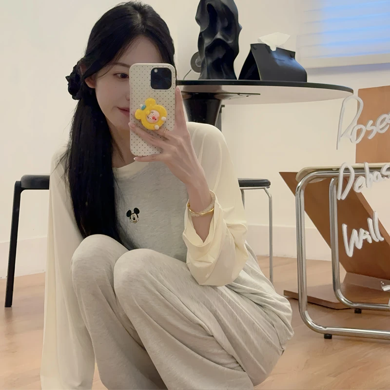 莫代尔睡衣女孩春秋季韩版圆领长袖休闲可外穿2025新款家居服套装