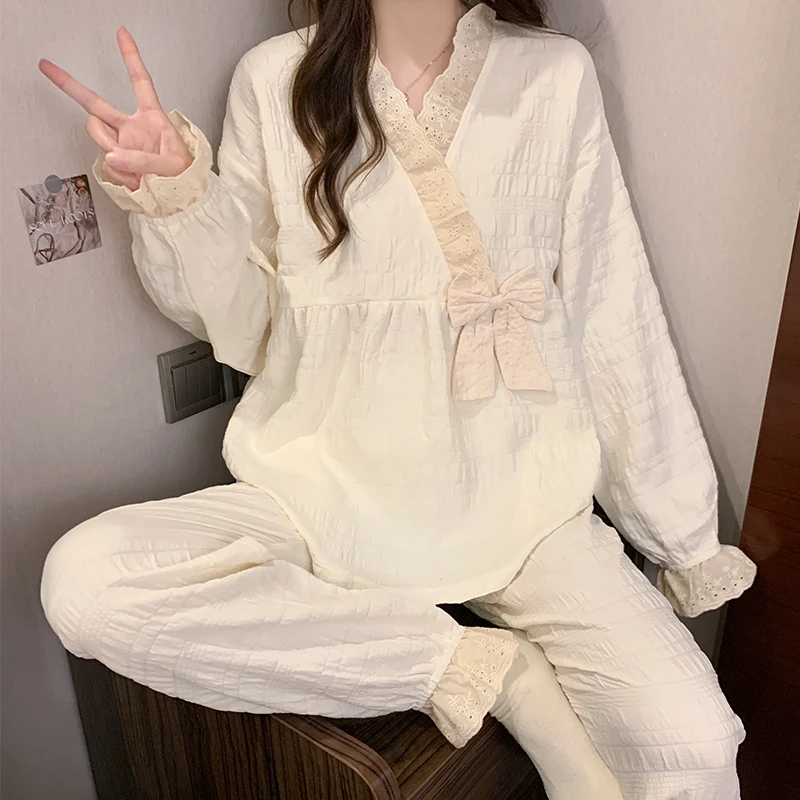 米白睡衣女春秋款长袖梭织棉套装2025新款冬季甜美公主风家居服