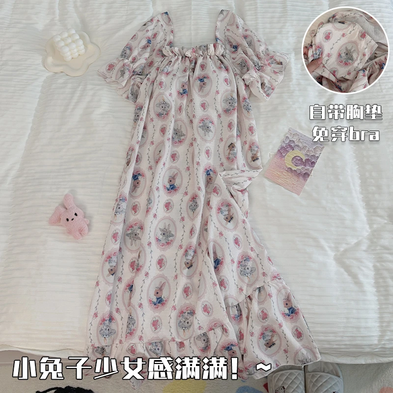 睡裙女带胸垫夏季2025新款可爱卡通小兔子夏天可外穿睡衣家居服薄