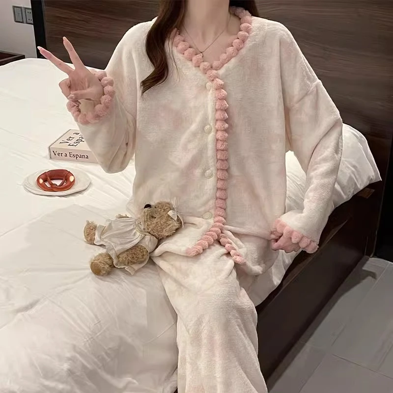 珊瑚绒睡衣女秋冬季法兰绒开衫加厚加绒2025新款高级感家居服套装