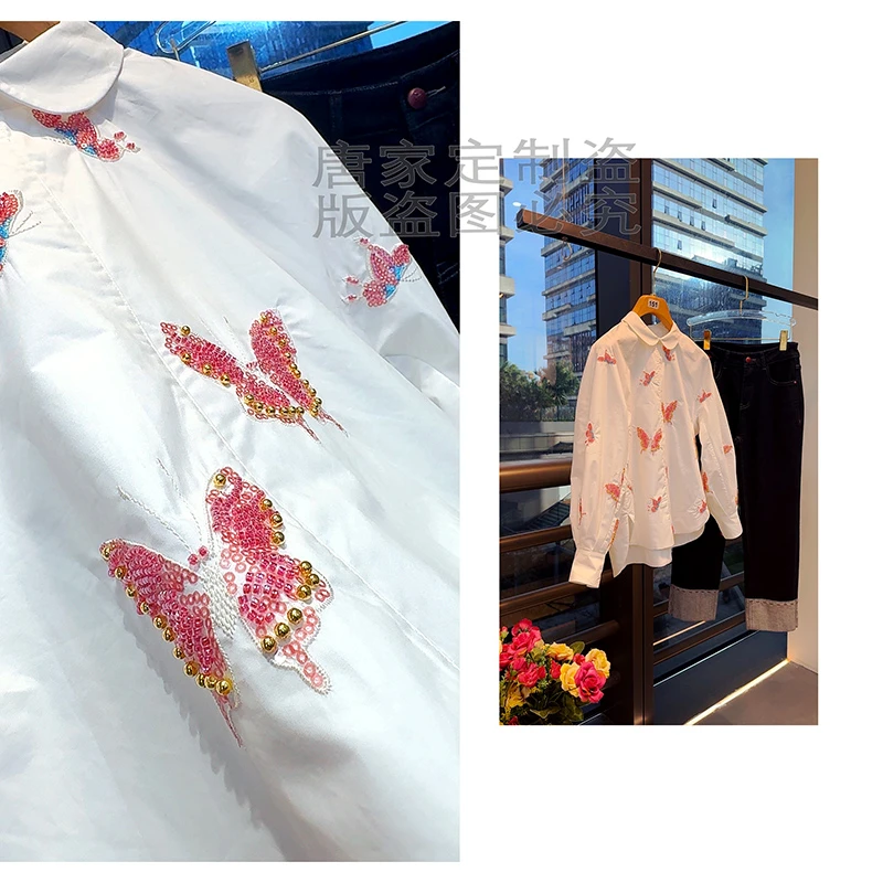 【粉墨登场】秋冬新款洋气粉色蝴蝶手工钉珠重工刺绣娃娃领衬衫上衣