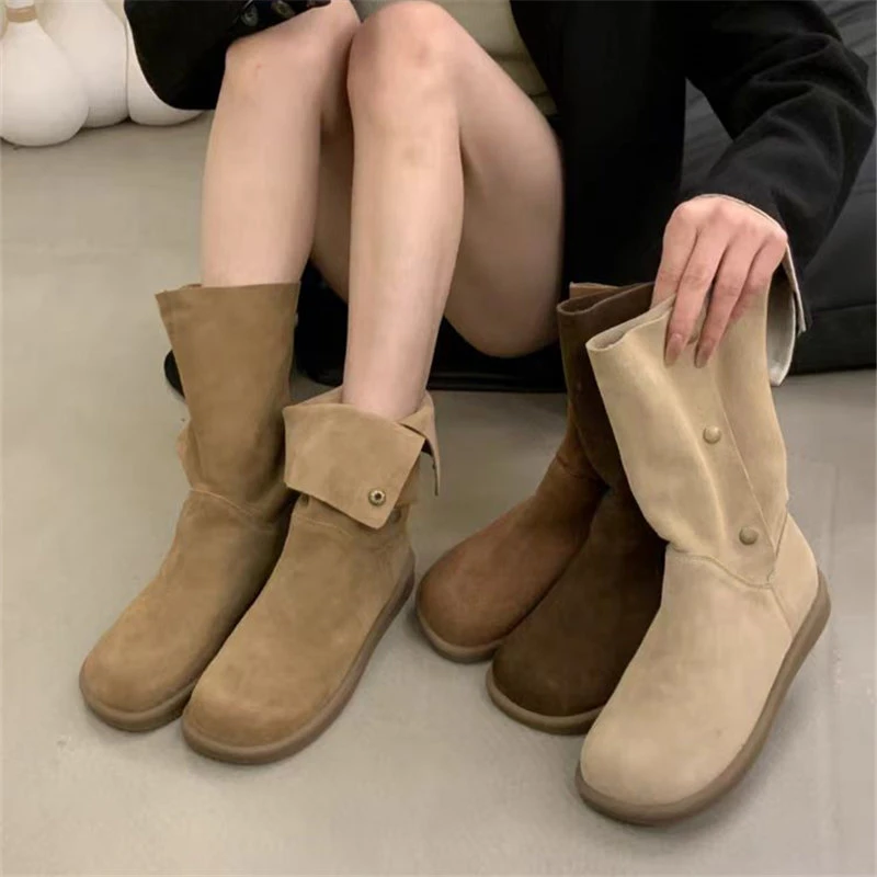 厚底短靴女百搭两穿切尔西靴2024秋新款复古小仙女软皮平底马丁靴