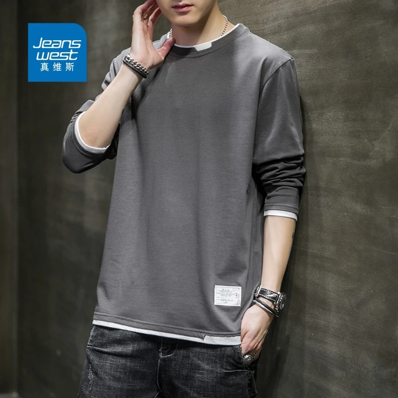真维斯长袖T恤男士秋季新款假两件潮流ins宽松纯棉百搭打底衫上衣