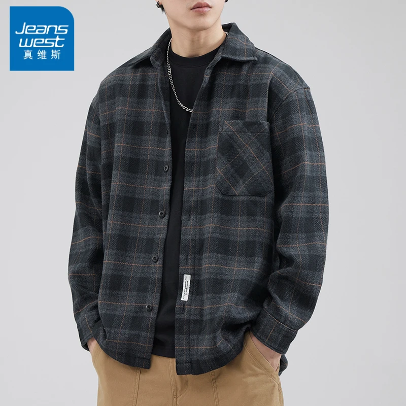 真维斯日系复古加厚格子外套男士宽松百搭休闲上衣服男款长袖衬衫