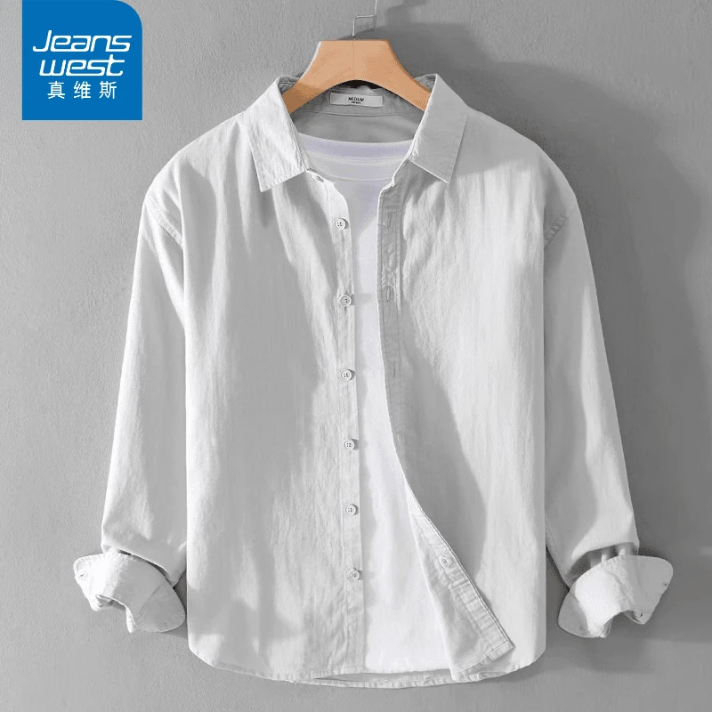 真维斯男士休闲衬衫日系纯色简约百搭宽松纯棉长袖衬衣男款薄外套