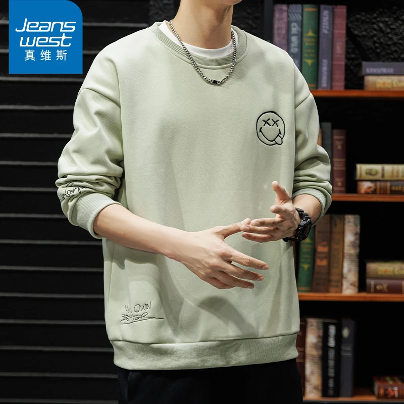 真维斯秋季新款笑脸印花卫衣男士宽松百搭潮流圆领长袖上衣服男款
