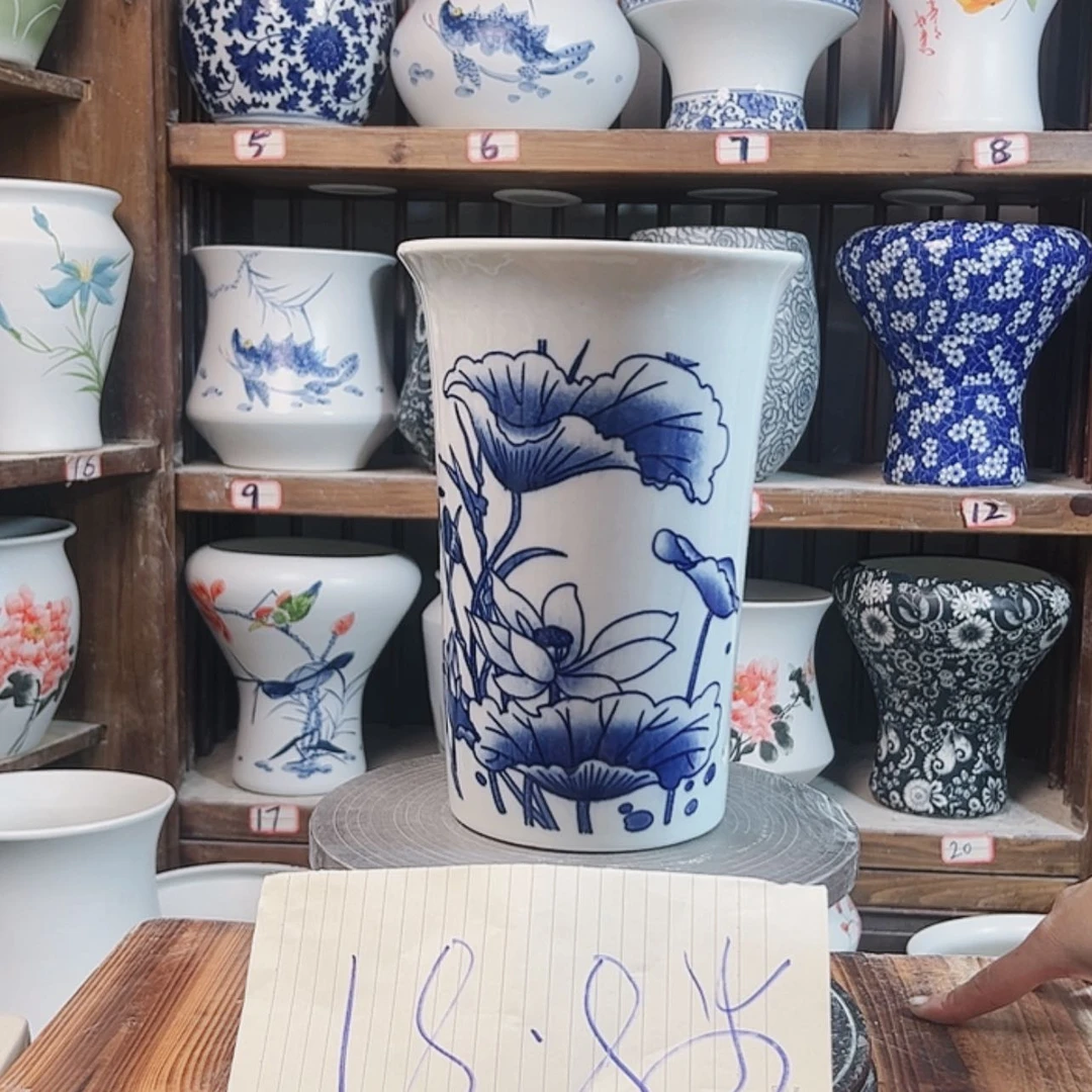 【闪购商品】陶瓷摆件兰花盆青花荷花