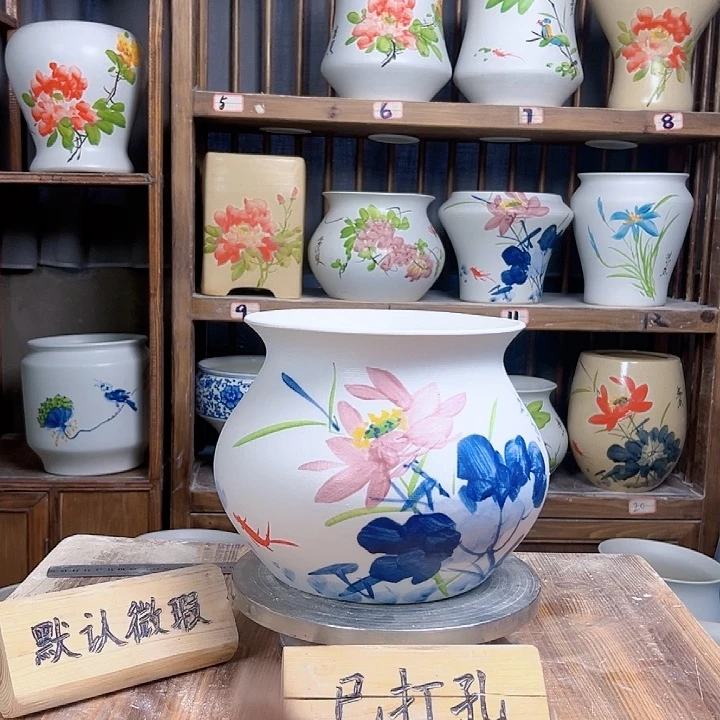 摆件钱袋子青花荷花款新款陶瓷大