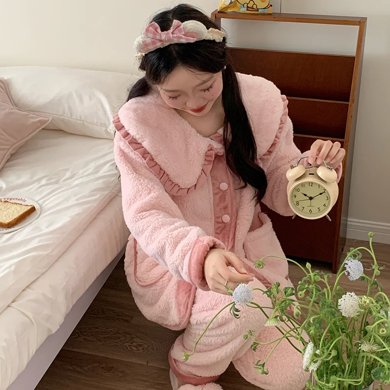 甜妹风加厚珊瑚绒娃娃领甜美可爱睡衣女款秋冬季新款韩国家居服套