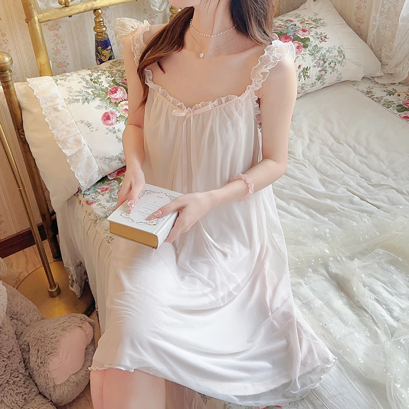 性感纯欲风V领露背吊带睡裙女夏季纯色软网纱莫代尔家居服薄款