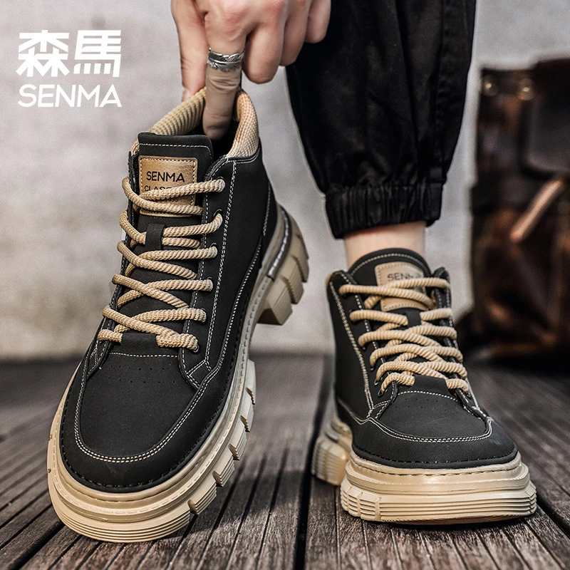 森马男鞋冬季新款高帮复古英伦风马丁靴黑色中帮皮鞋防水工装潮鞋