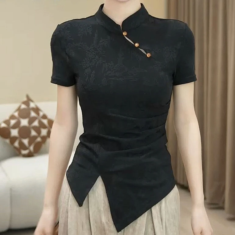 夏季新中式复古国风立领显瘦气质修身洋气小衫时尚设计感开叉T恤