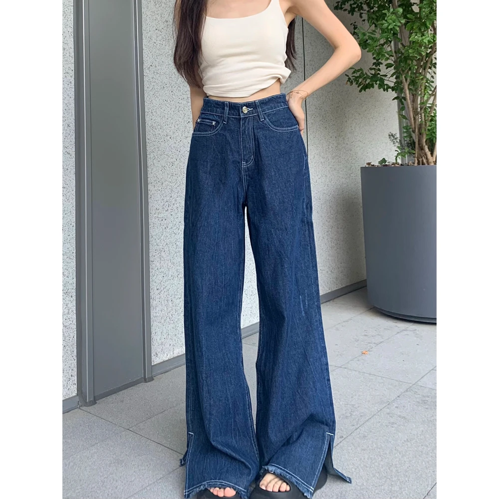 深圳南油/断码/水洗扎花开衩大阔腿直筒宽松显瘦牛仔女拖地裤8608