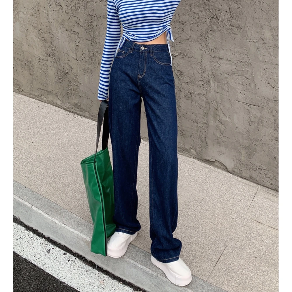 深圳南油/断码/新款时尚复古浆蓝色大牌普洗宽松直筒牛仔裤女8609