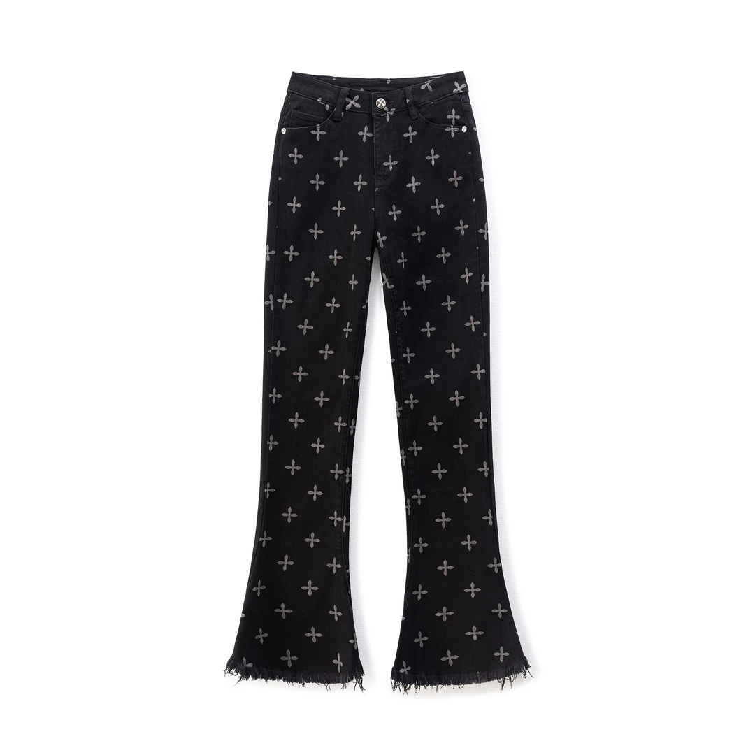 深圳南油/断码/黑蓝高端洋气时尚弹力十字印花喇叭牛仔裤女10038