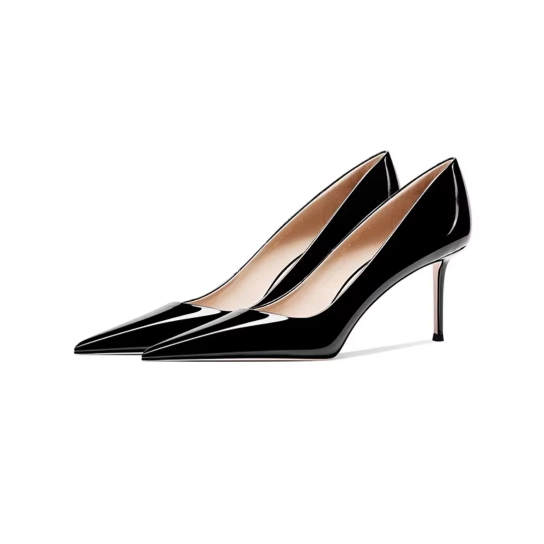 漆皮百搭灰色高跟鞋女2024秋季新款尖头职业单鞋气质浅口工作女鞋