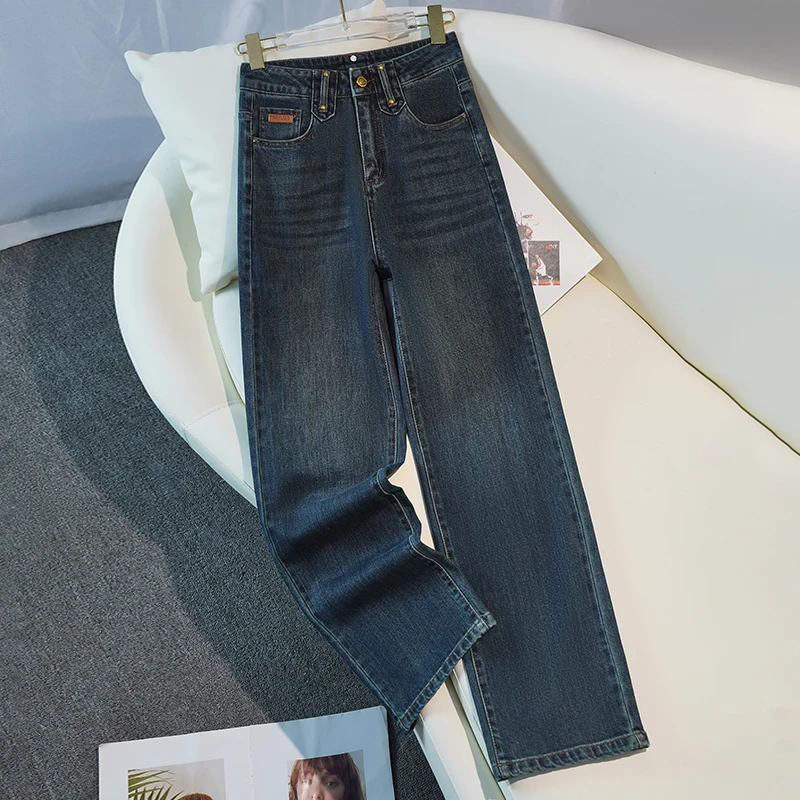 牛仔窄版直筒裤女士高腰显瘦宽松时尚百搭阔腿裤怀旧蓝拖地长裤子