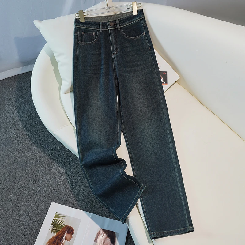春秋新款牛仔裤复古蓝高腰显瘦时尚百搭窄版直筒裤宽松大码长裤女