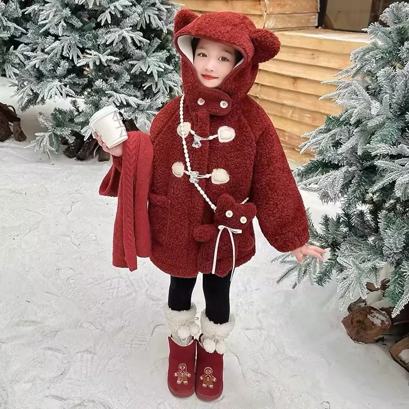 【眉山火狐狸】C53428厚款中国风格子呢大衣冬装加绒儿童毛呢红色