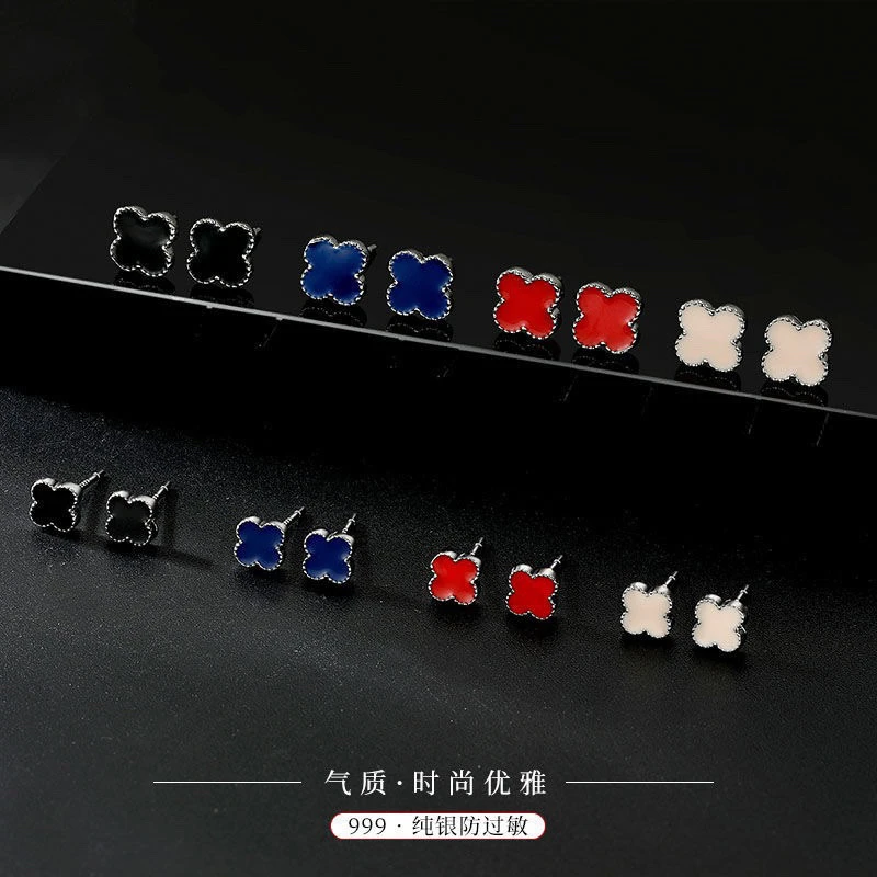 足银耳饰 s999纯银日韩简约四叶草耳钉气质优雅蓝裸色幸运草耳环