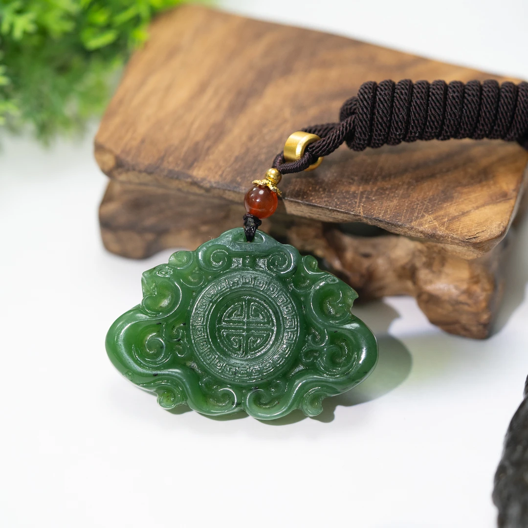 【巴基斯坦】Y00103 碧玉古福寿如意精美雕刻吊坠 多样性发其一