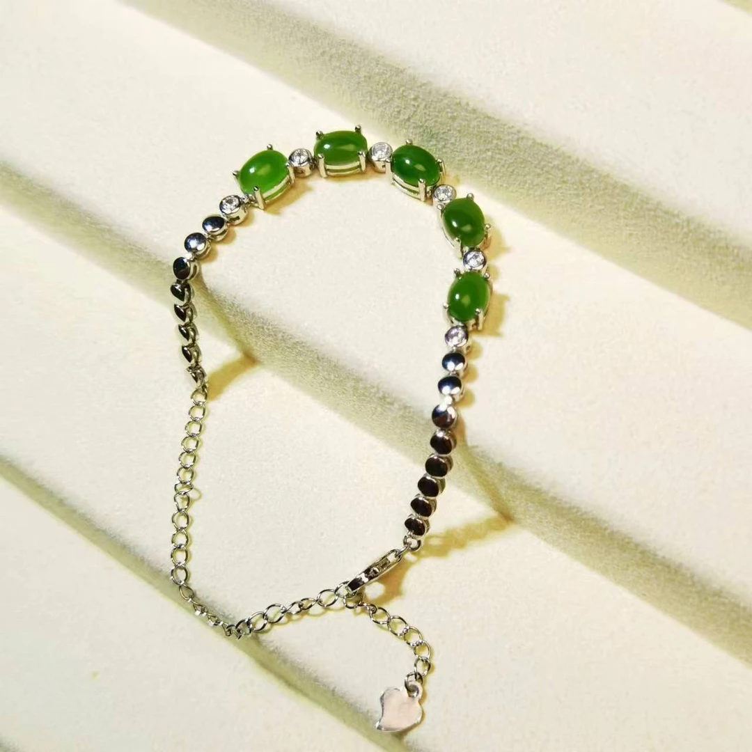 【巴基斯坦】0504-CBGFCP6 925银和田玉碧玉手链高透无黑点经典款