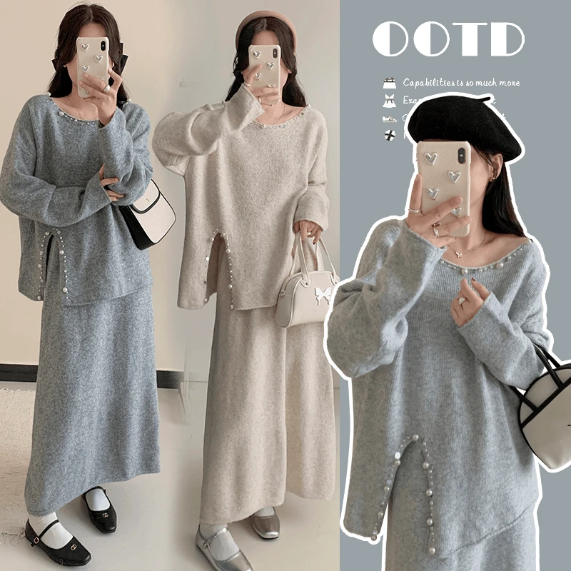 2024新款秋冬孕妈设计感上衣＋半裙针织毛衣慵懒温柔时尚宽松套装