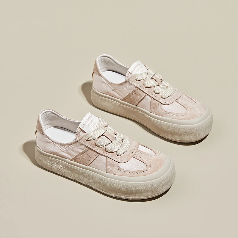 香槟色德训鞋女2024春季新款粉色系带女鞋厚底网红透气休闲板鞋潮