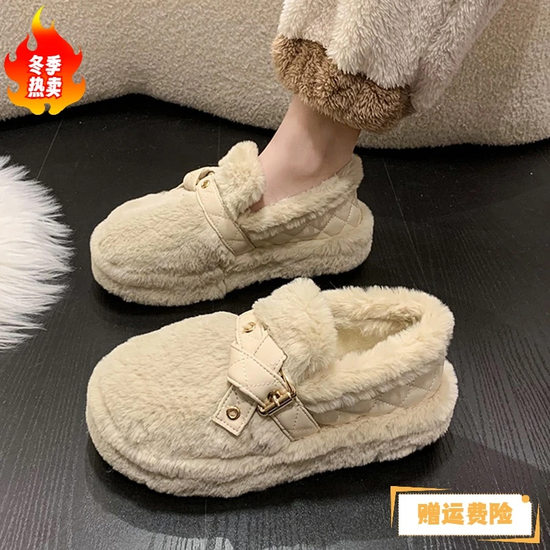 红蜻蜓牌毛毛单鞋子女外穿2023年秋冬季新款百搭厚底豆豆鞋网红MS