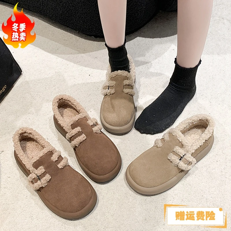 红蜻蜓牌厚底勃肯鞋女秋冬季2023新款一脚蹬乐福棉鞋博肯毛毛鞋MS