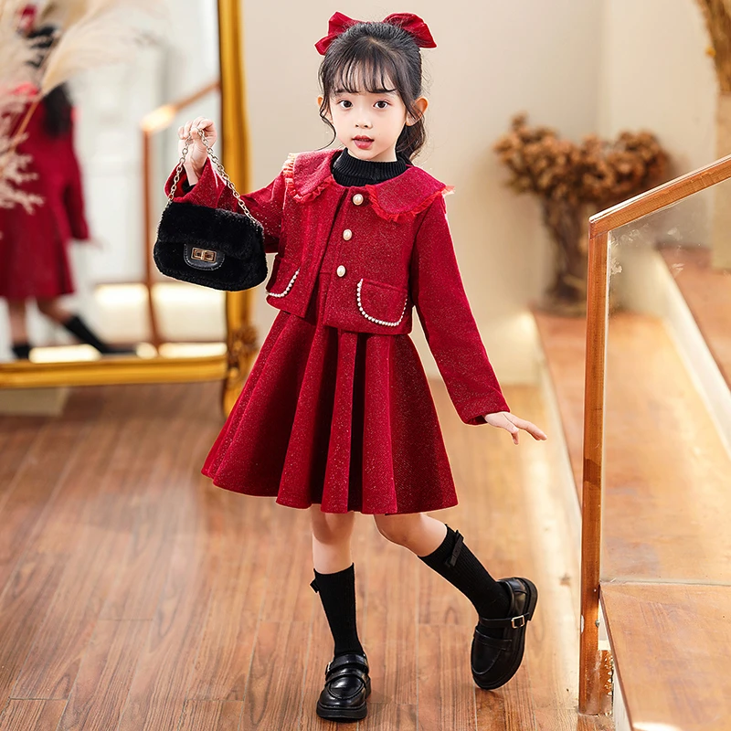 女童冬季连衣裙2023新款红色拜年服加绒套装裙子儿童新年公主裙冬