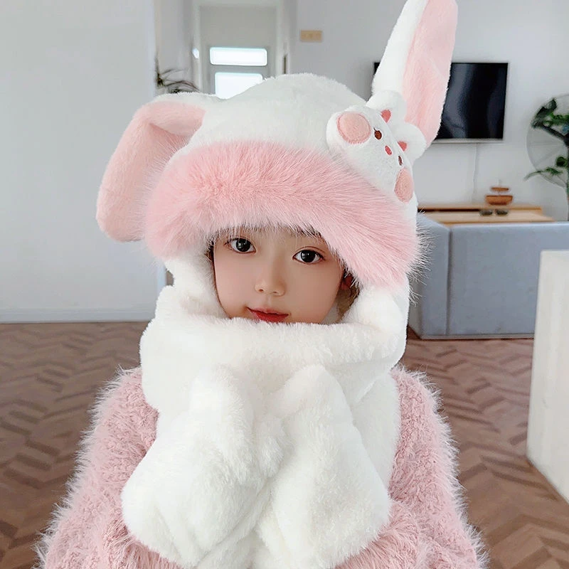 耳朵会动的帽子儿童围巾一体帽冬季女童围脖男宝宝护耳防风帽子