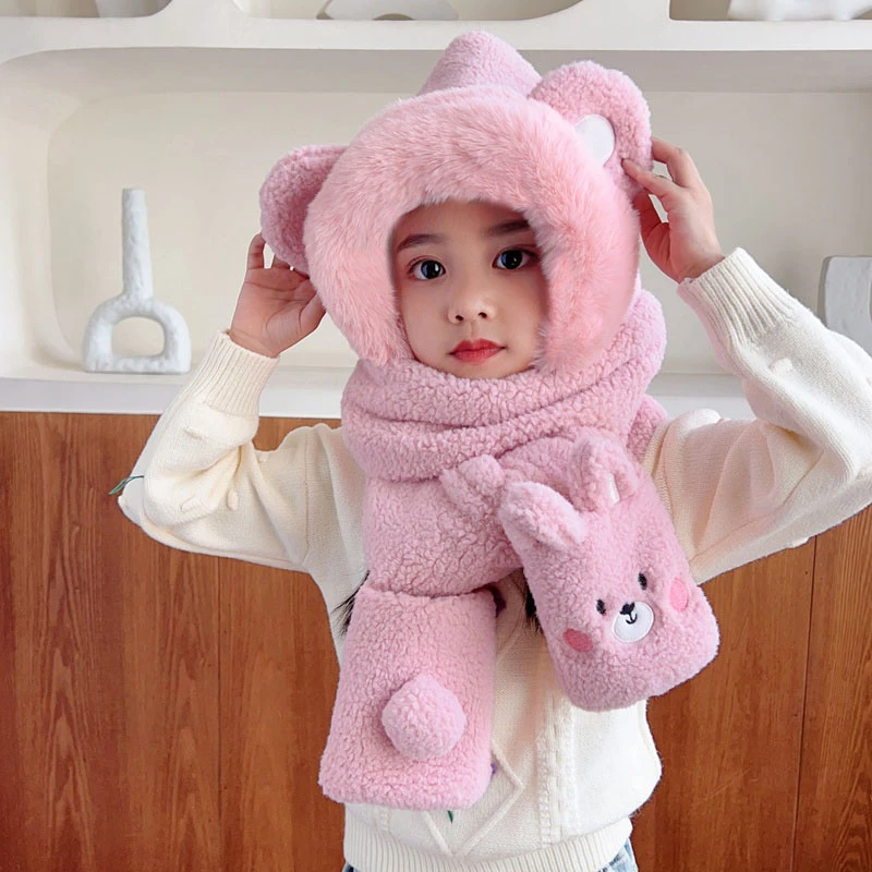 宝宝帽子秋冬季男女童护耳毛绒帽加厚保暖儿童帽子围巾手套一体帽