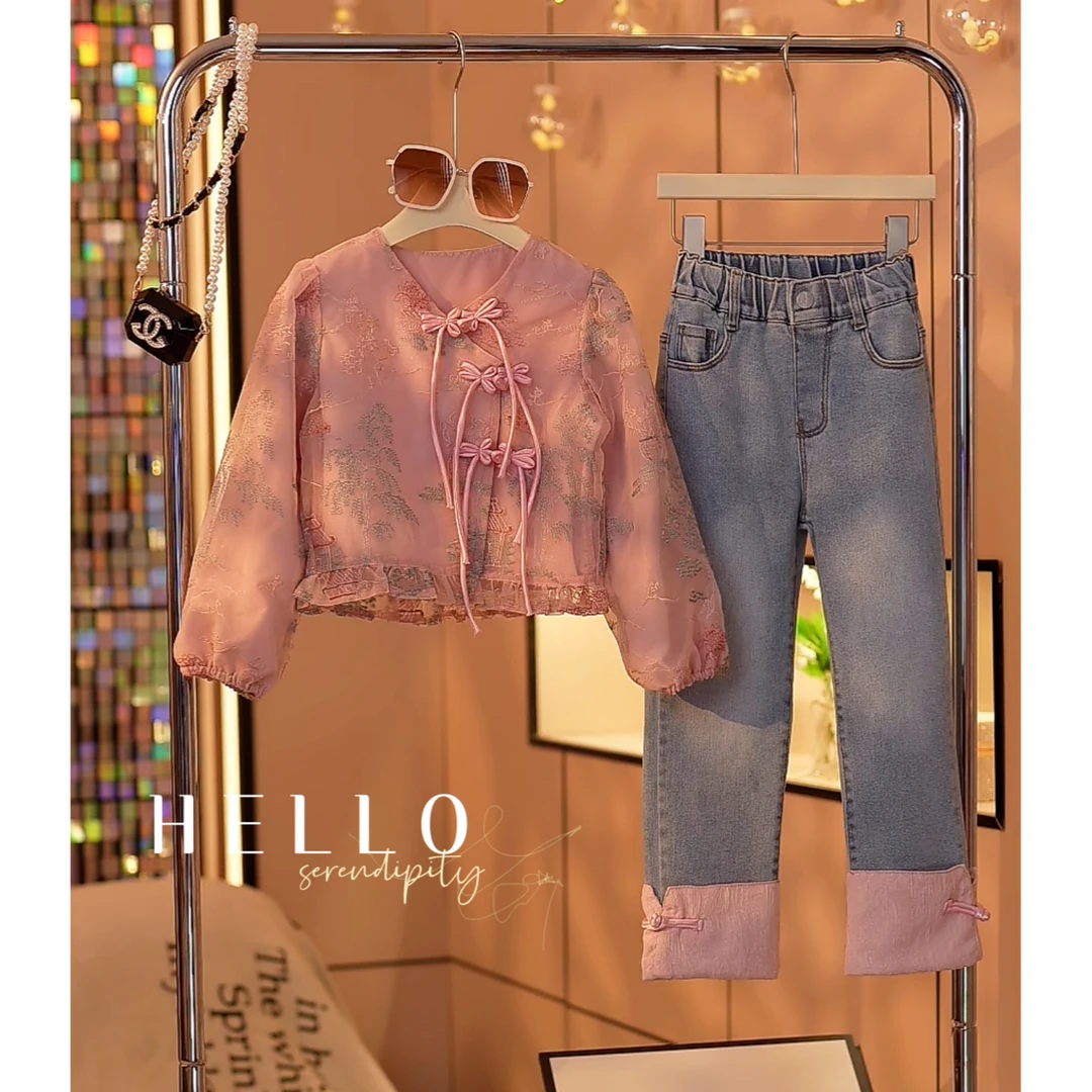 现货-女童春秋2024新款中大童中式盘扣外套牛仔裤国风童装