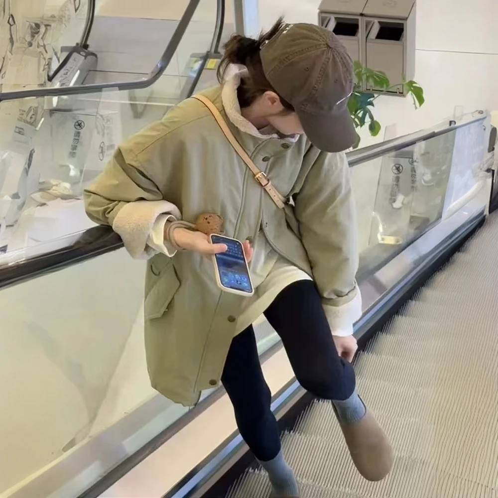 韩版立领派克服风衣加厚外套2024冬季新款拼羊羔毛中长款上衣棉服