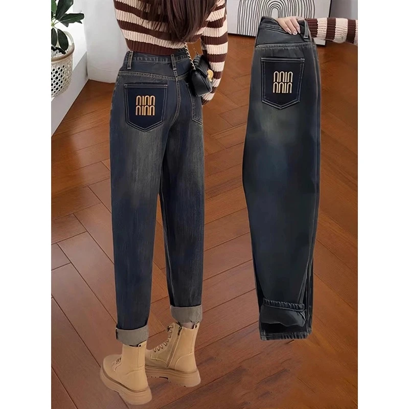 2025年春季新款高腰九分直筒牛仔裤子大码弹力遮胯窄版哈伦裤子女