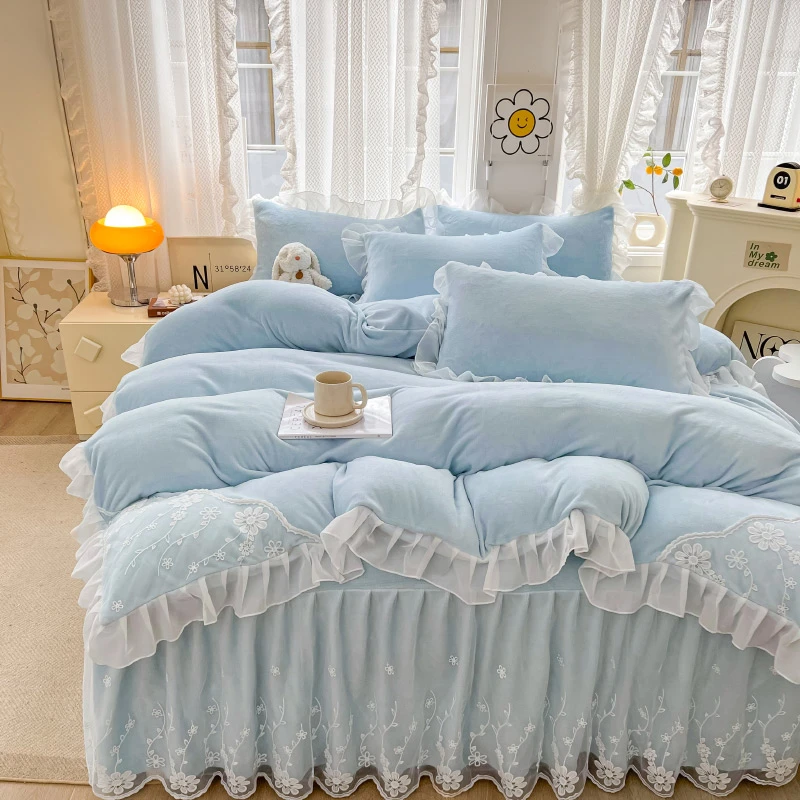 韩式花边牛奶绒床上少女心四件套冬季水晶绒被套床单加厚绒床裙
