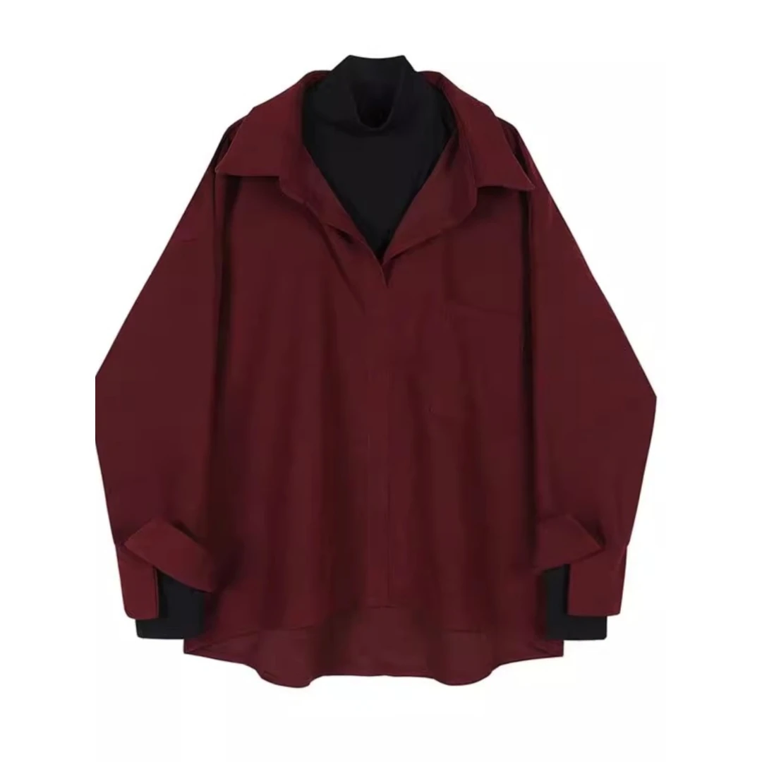 大码300斤假两件灯芯绒衬衫男秋冬红色设计感小众高领拼接上衣潮2