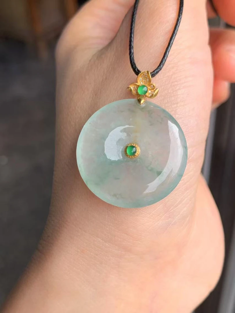 缅甸天然a货翡翠高冰飘花平安扣18k金扣头h9尺寸25.9-4.6基地质检